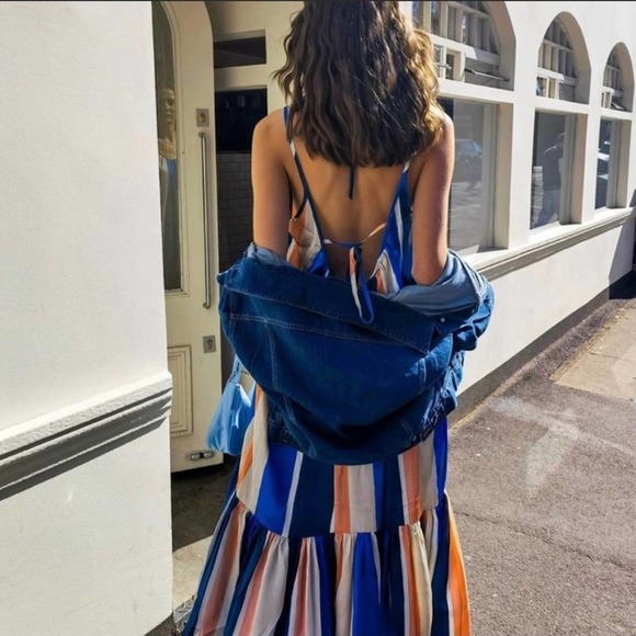 LEMLEM X H&M Blue and Pink Satin Ruffled Stripe Maxi Dress Size M - Picture 8 of 16